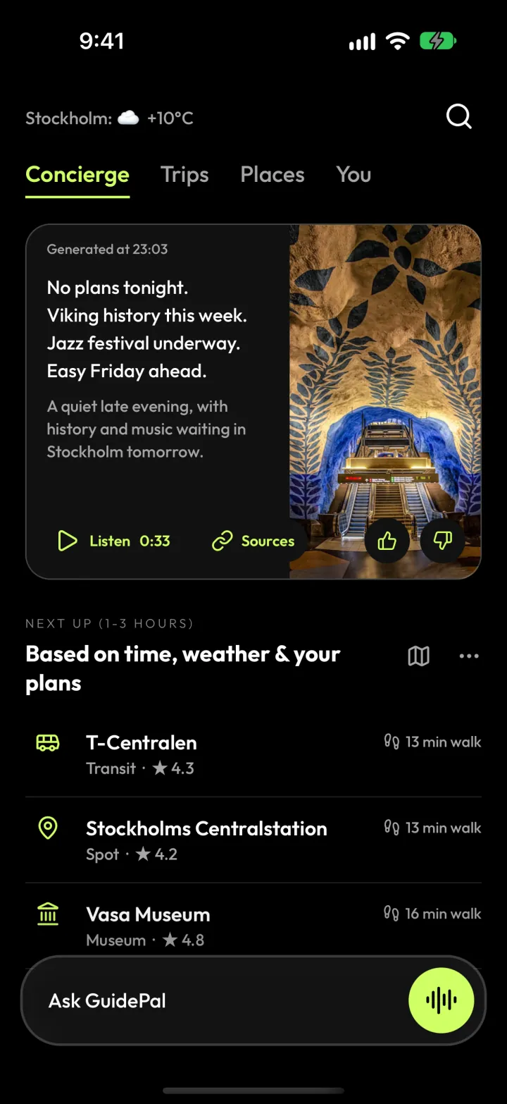 The GuidePal daily briefing with nearby picks for the next few hours