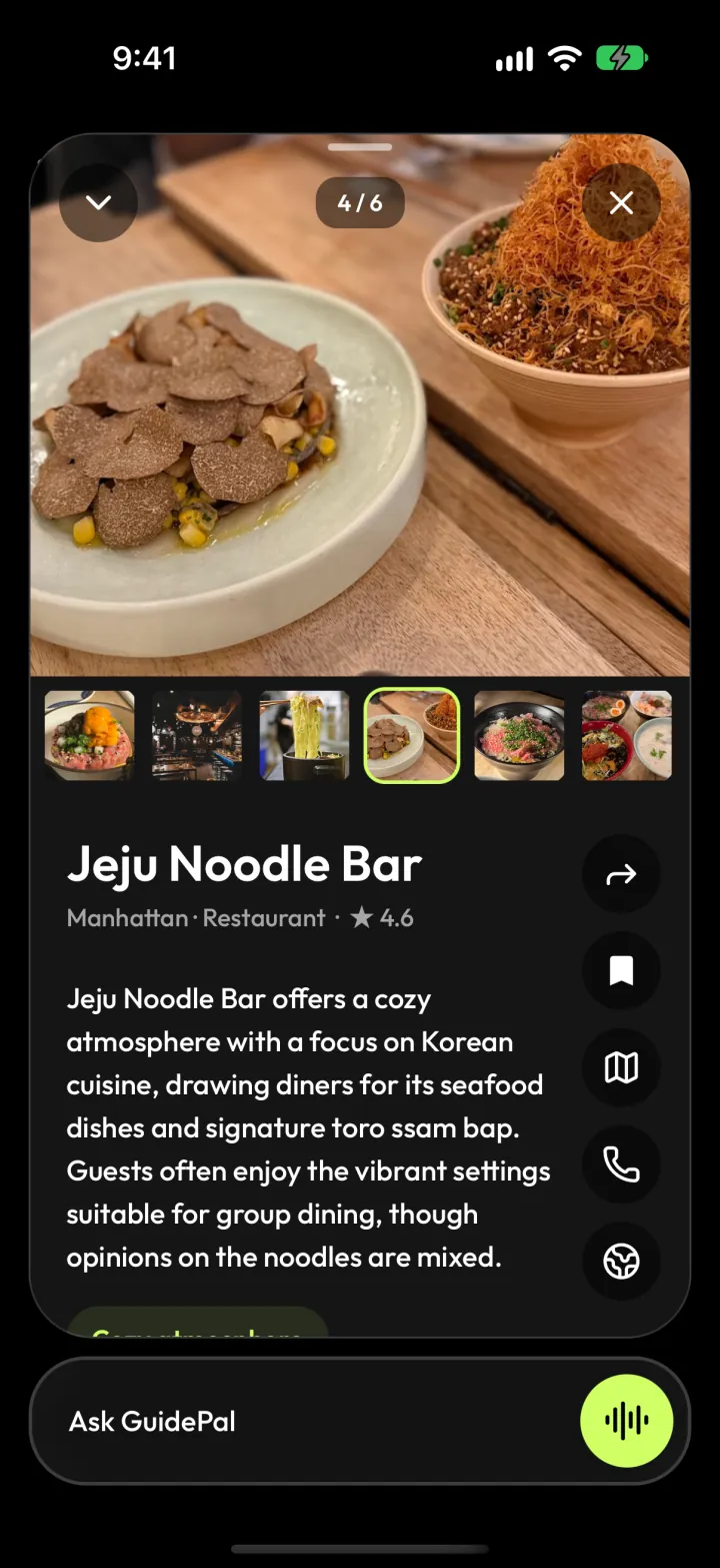 A saved place in GuidePal, Jeju Noodle Bar in New York, opened with photos and a summary