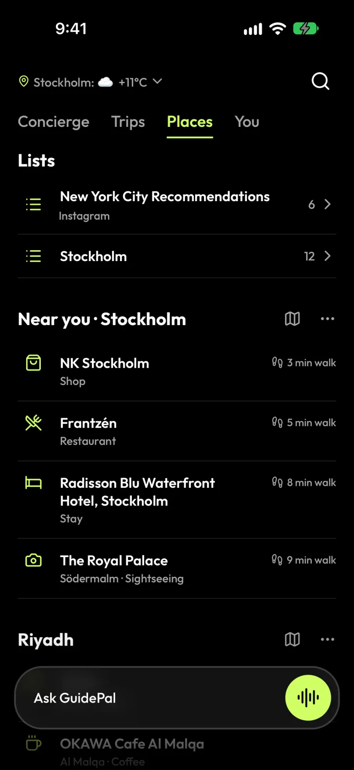 The Places tab with lists at the top