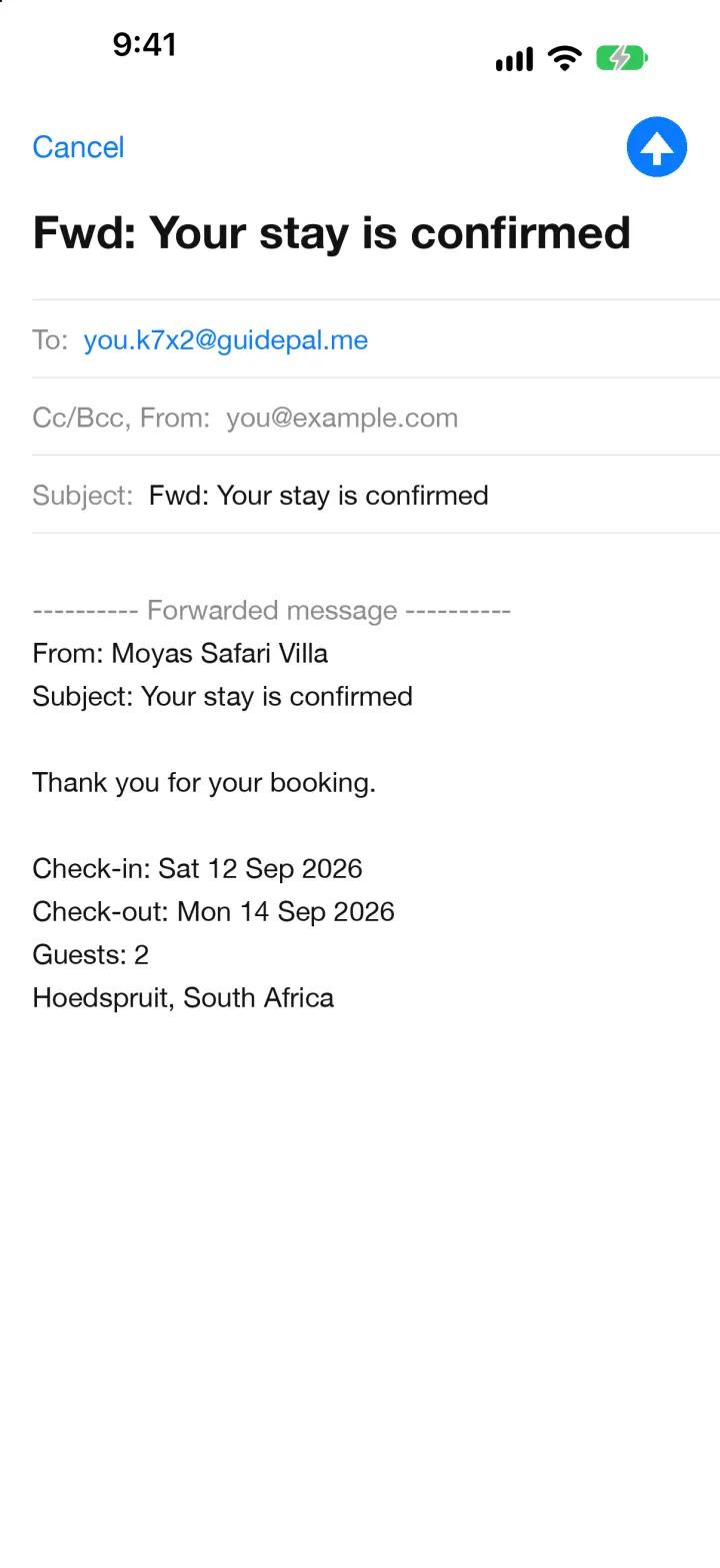 A booking confirmation email being forwarded to a GuidePal address