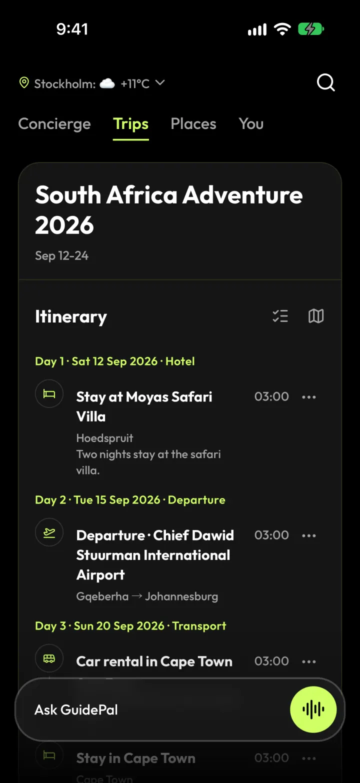 A trip itinerary with the forwarded hotel stay on day 1
