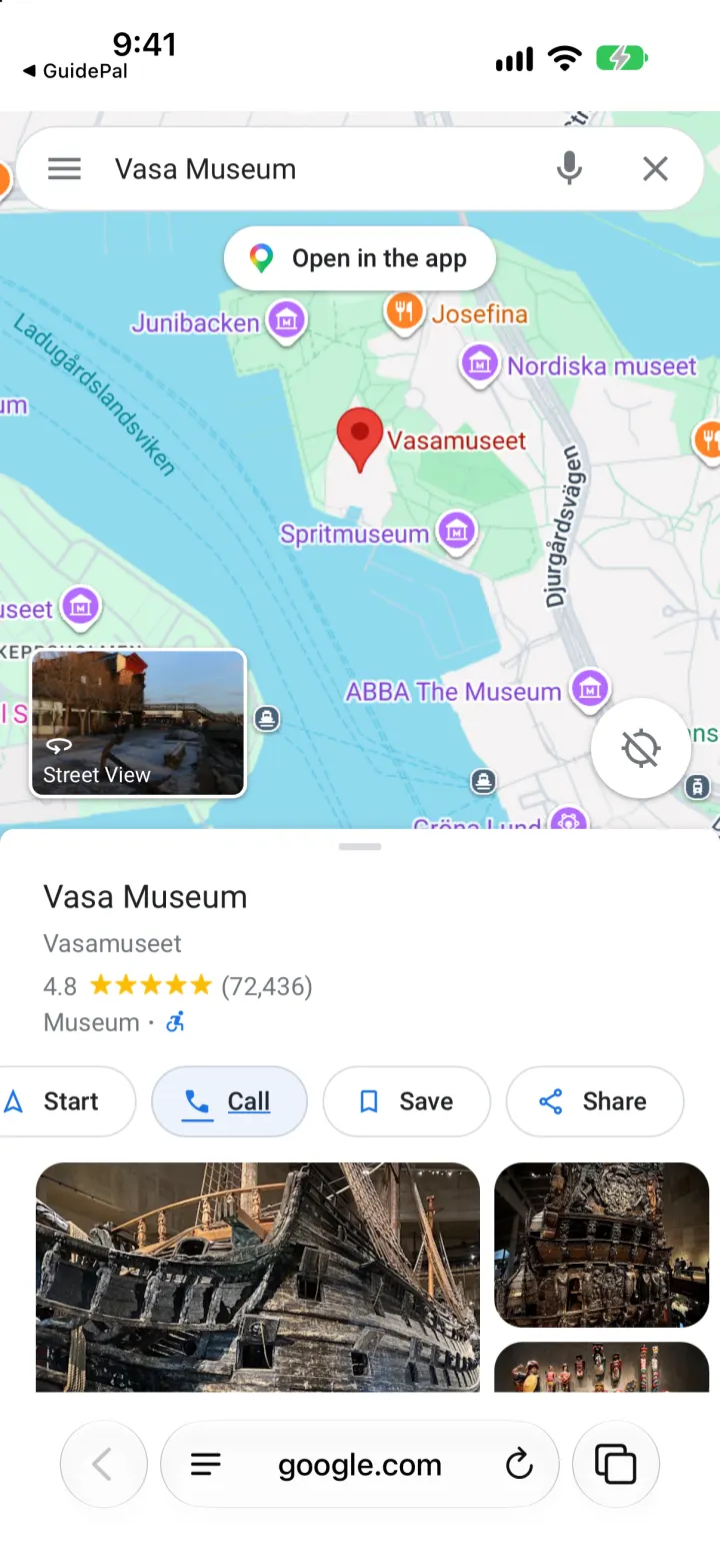 The Vasa Museum in Google Maps with the Share button