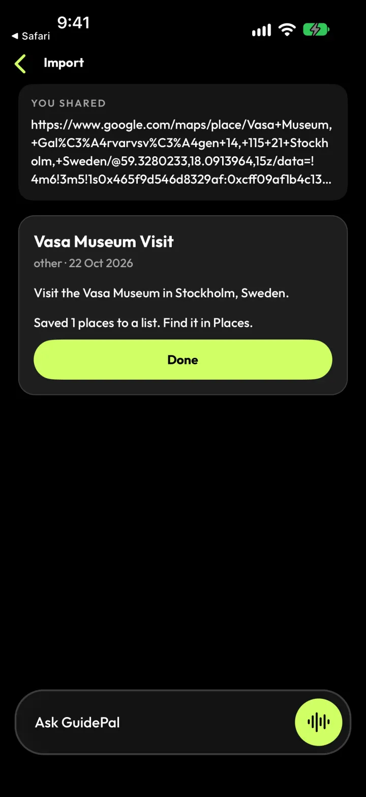 GuidePal saved the Vasa Museum to a list