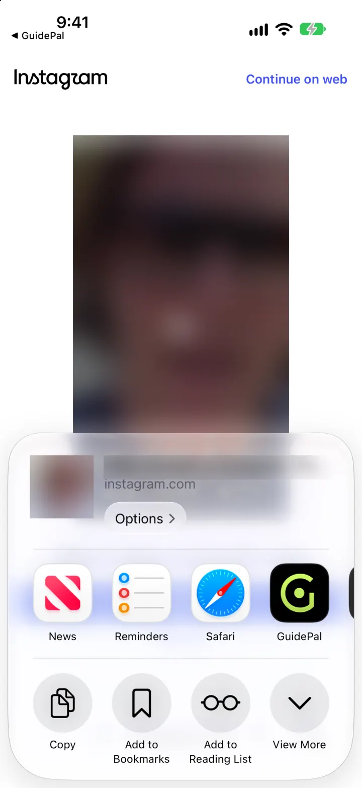 The share sheet for the reel with GuidePal highlighted