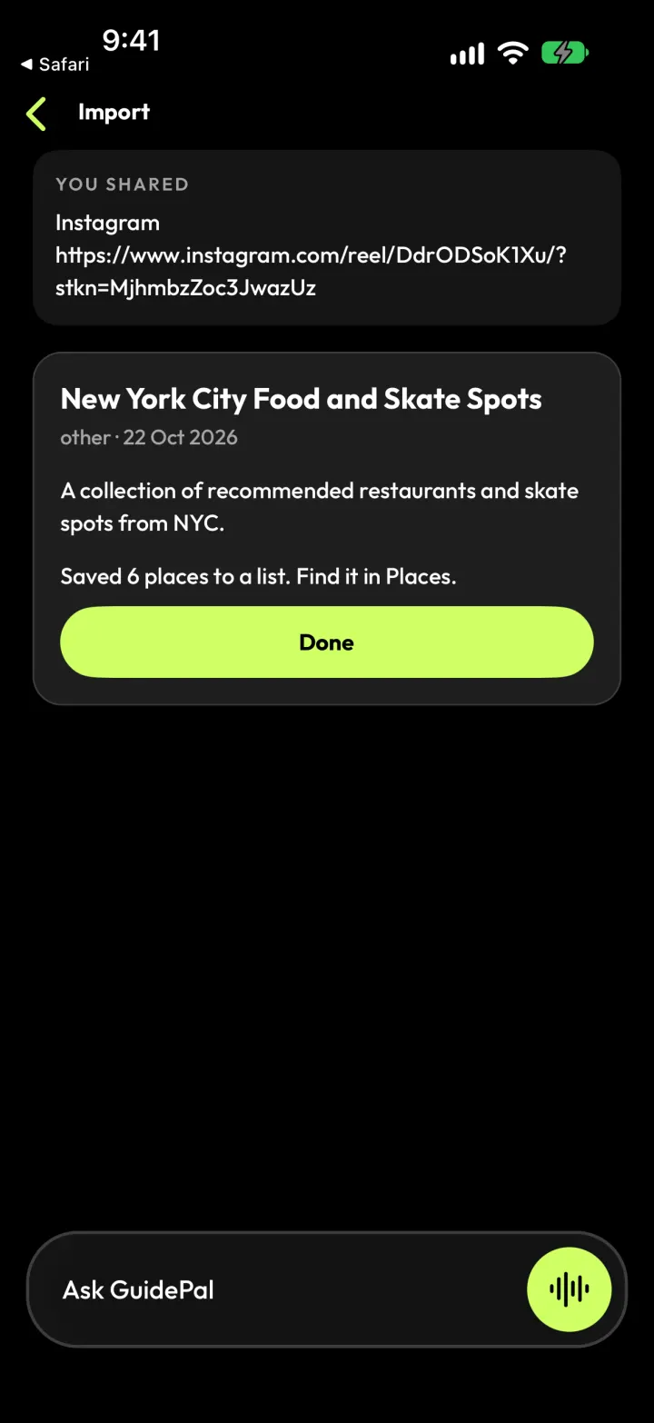 GuidePal saved 6 places from the reel to a list