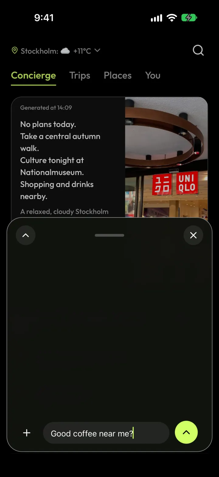 Typing “Good coffee near me?” to GuidePal