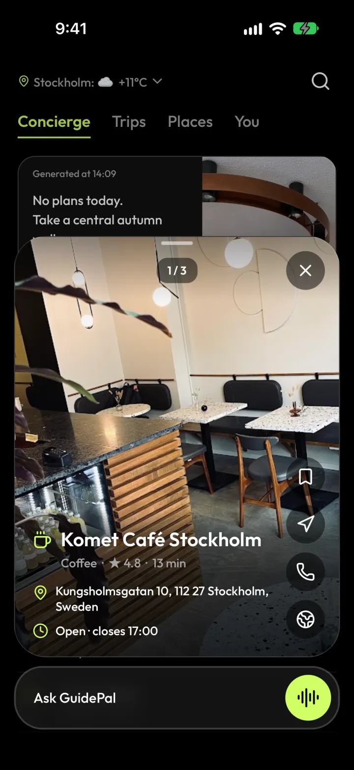 A nearby café suggested by GuidePal, 1 of 3, open now