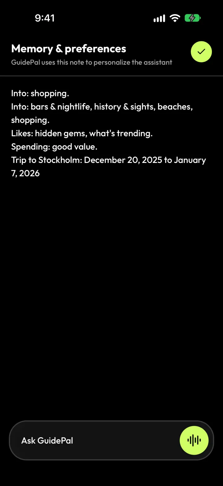 Memory & preferences listing interests, likes and spending style