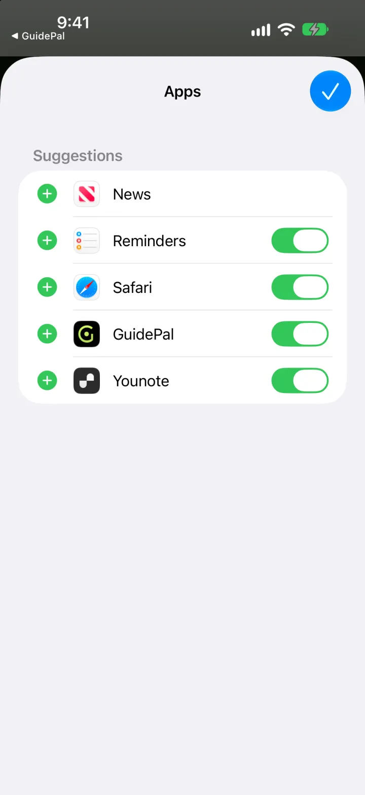 The share sheet's app list in edit mode with GuidePal listed