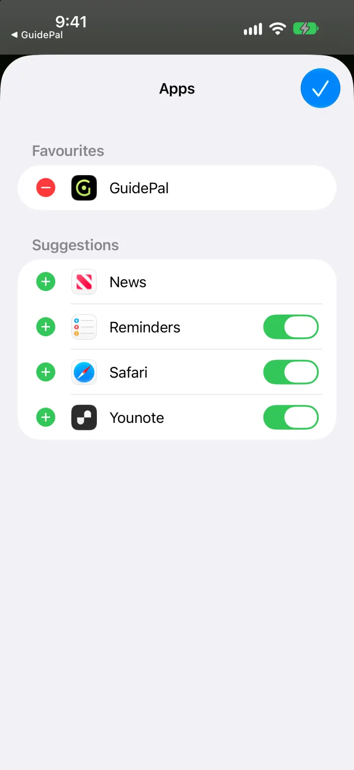GuidePal listed under Favourites in the share sheet settings