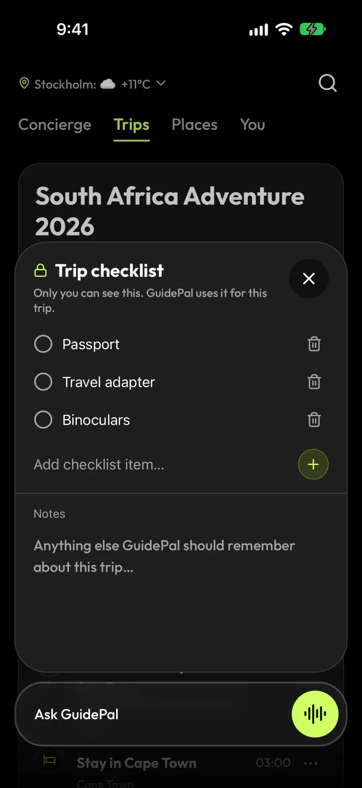 A trip checklist with three items