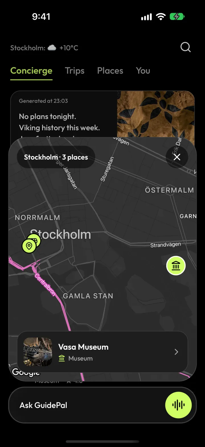 A map of nearby places in GuidePal with the Vasa Museum selected