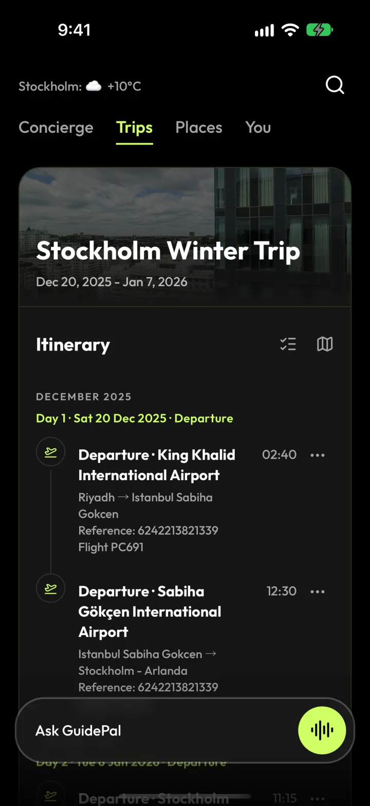 A GuidePal trip itinerary built from forwarded booking emails